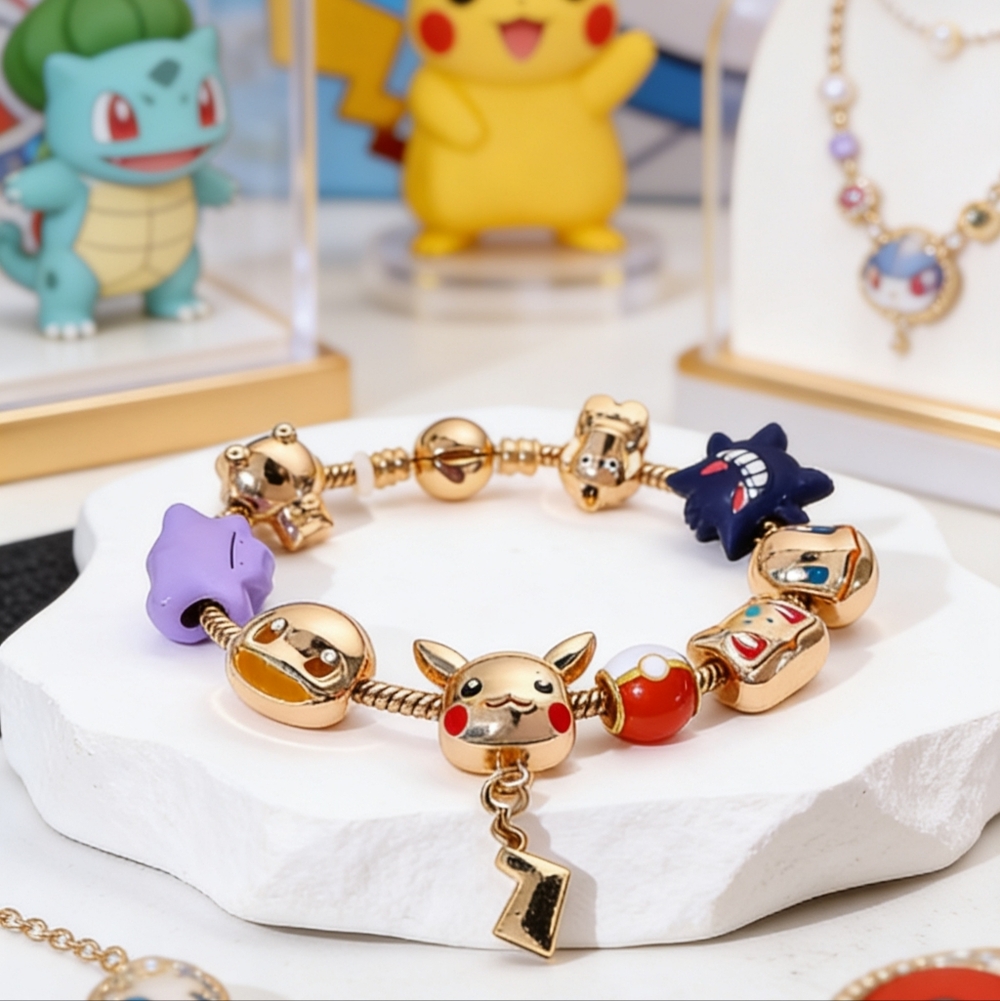 Gold Pikachu Charm Bracelet with Multicolor Pokémon Beads